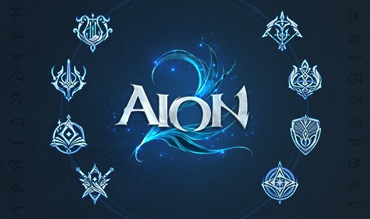 Símbolos oficiais das classes de AION 2 ao redor da logo do jogo